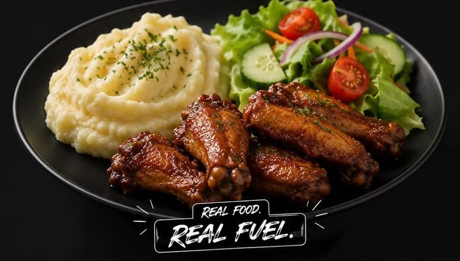 Grad & Go meal of the day — chicken wings, mash and salad, real food real fuel